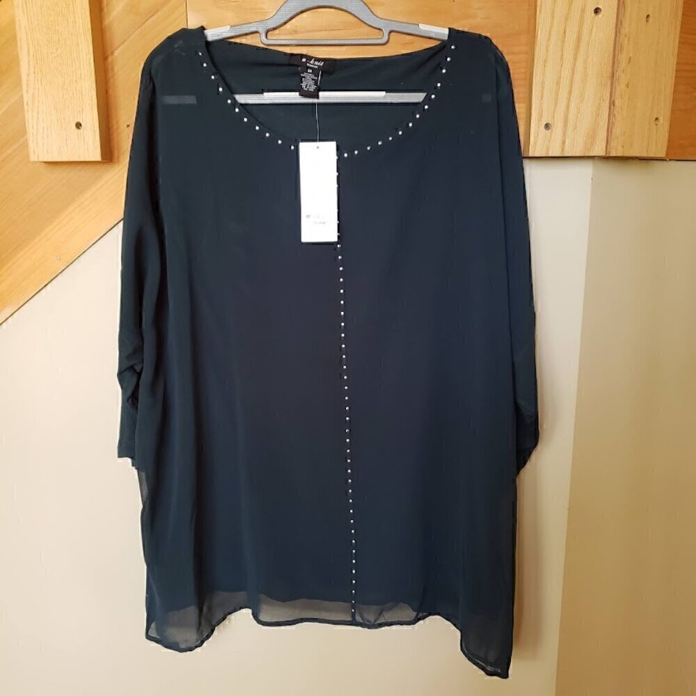 NWT U-Knit Spruce Green Sheer Lined Stoned Top Blouse  Size 2X